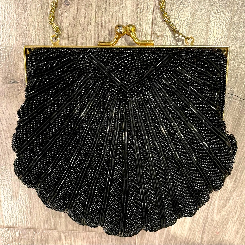 Vintage Beaded Black Clutch Purse with Chain Strap